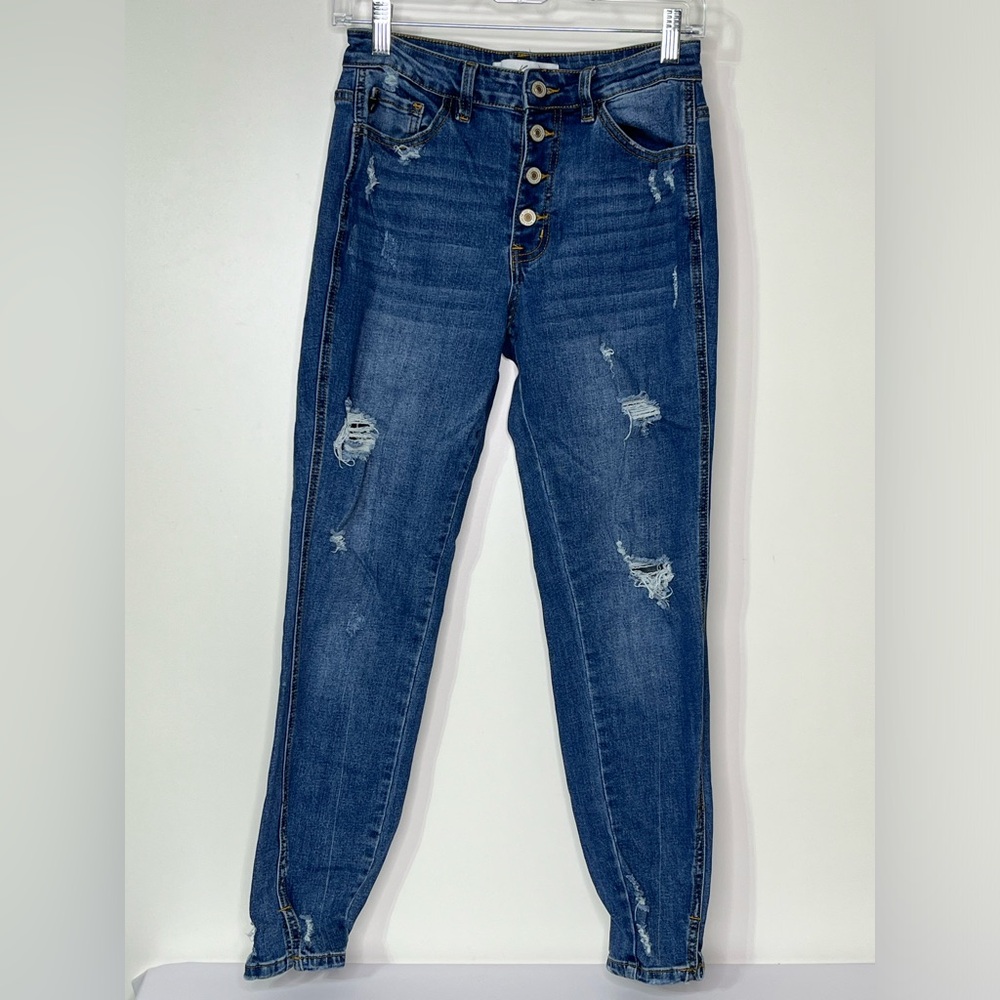 Kancan Distressed Button Fly Skinny Ankle Mid Rise Women's 7 Jeans Waist 27